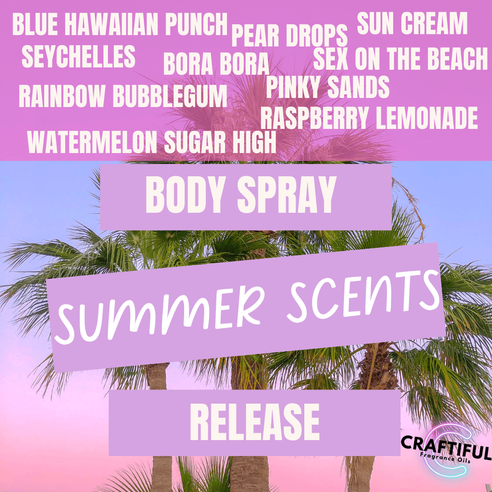 Body Spray Assessment #2 (Summer Scents) - Craftiful Fragrance Oils - Supplies for Wax Melts, Candles, Room Sprays, Reed Diffusers, Bath Bombs, Soaps, Perfumes, Bath Salts and Body Sprays